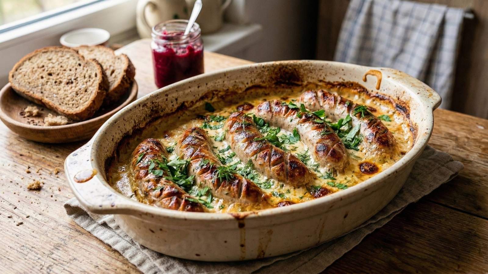 Pieczona biała kiełbasa w sosie chrzanowym