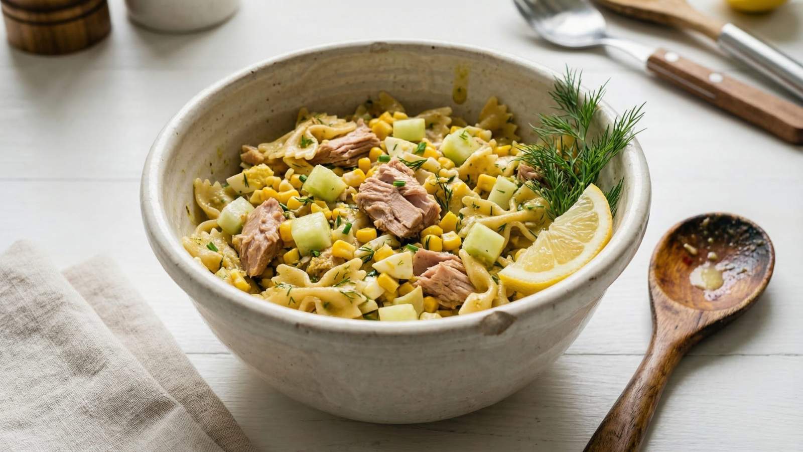 Sałatka z tuńczykiem, makaronem i jajkiem